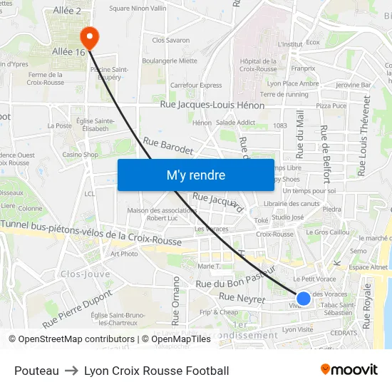 Pouteau to Lyon Croix Rousse Football map
