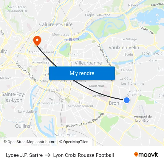 Lycee J.P. Sartre to Lyon Croix Rousse Football map