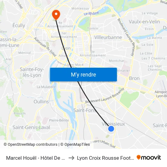 Marcel Houël - Hôtel De Ville to Lyon Croix Rousse Football map