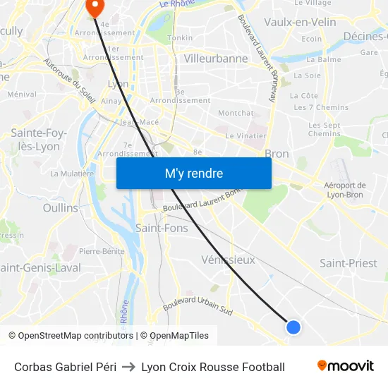 Corbas Gabriel Péri to Lyon Croix Rousse Football map