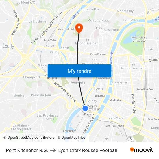 Pont Kitchener R.G. to Lyon Croix Rousse Football map