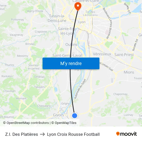 Z.I. Des Platières to Lyon Croix Rousse Football map