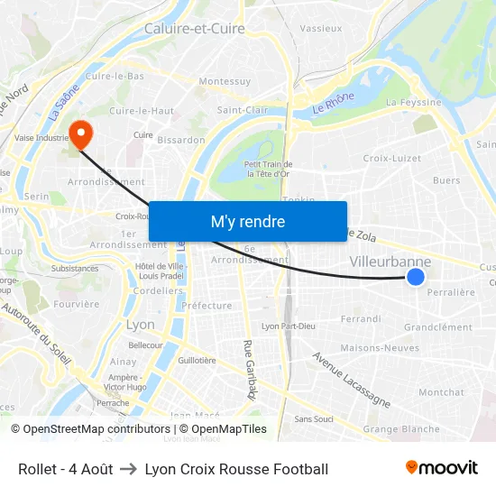 Rollet - 4 Août to Lyon Croix Rousse Football map