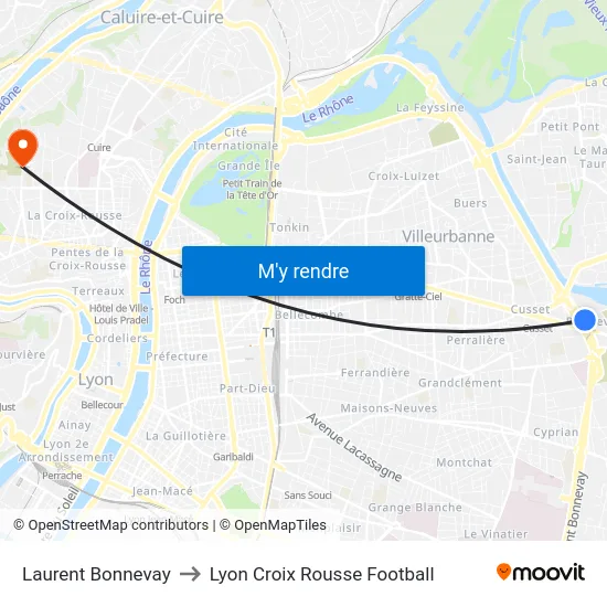 Laurent Bonnevay to Lyon Croix Rousse Football map