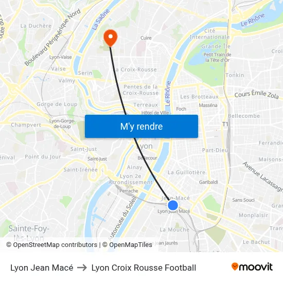 Lyon Jean Macé to Lyon Croix Rousse Football map