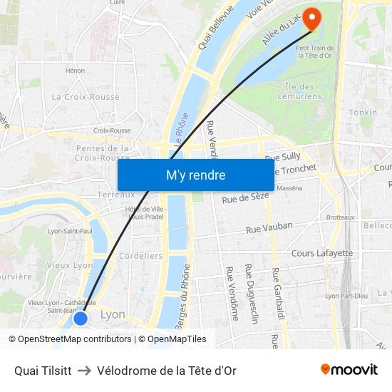 Quai Tilsitt to Vélodrome de la Tête d'Or map