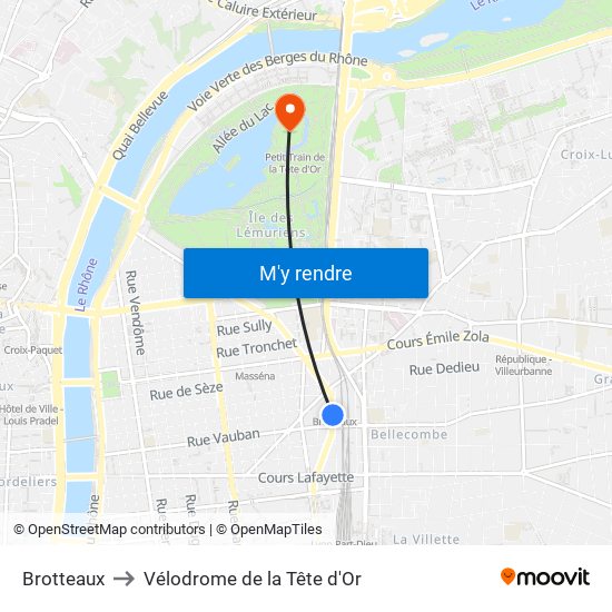 Brotteaux to Vélodrome de la Tête d'Or map