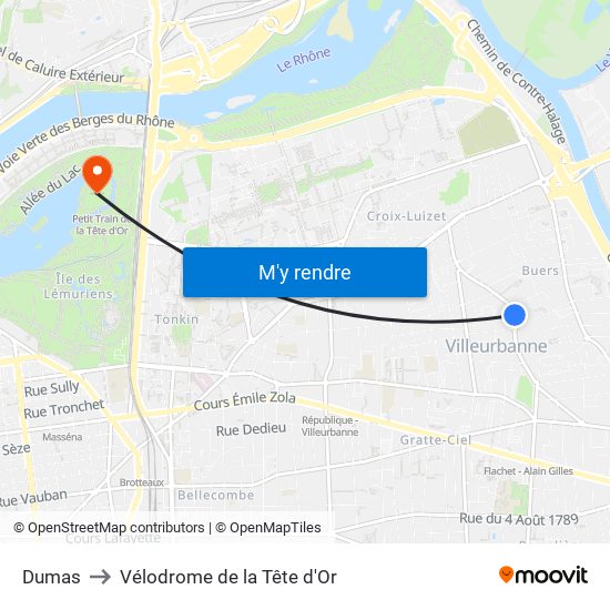 Dumas to Vélodrome de la Tête d'Or map