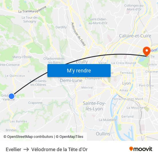 Evellier to Vélodrome de la Tête d'Or map