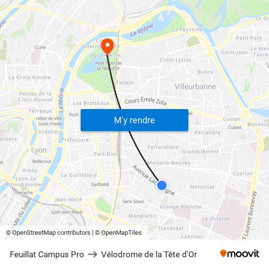 Feuillat Campus Pro to Vélodrome de la Tête d'Or map