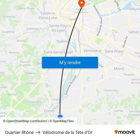 Quartier Rhône to Vélodrome de la Tête d'Or map