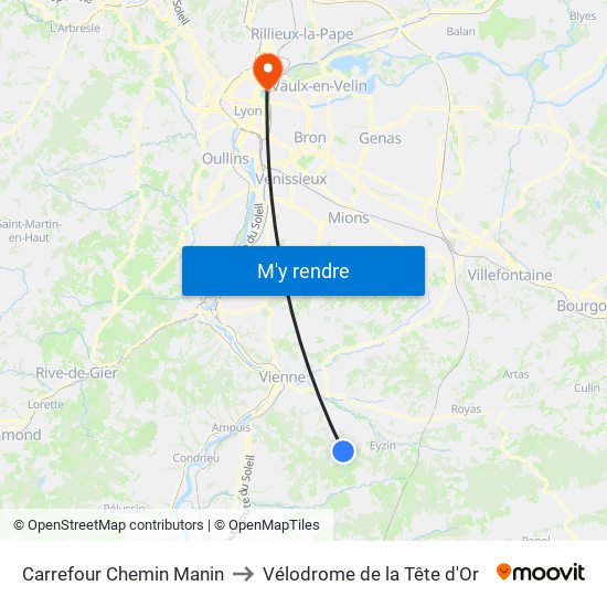 Carrefour Chemin Manin to Vélodrome de la Tête d'Or map