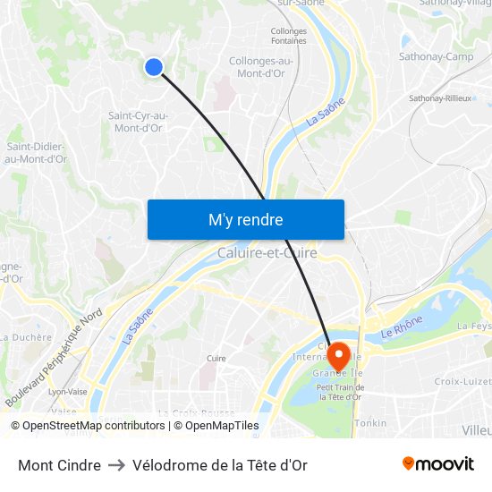 Mont Cindre to Vélodrome de la Tête d'Or map