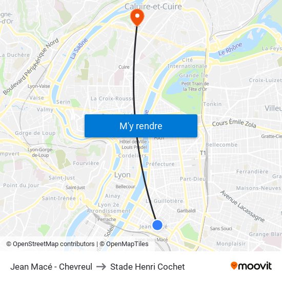 Jean Macé - Chevreul to Stade Henri Cochet map