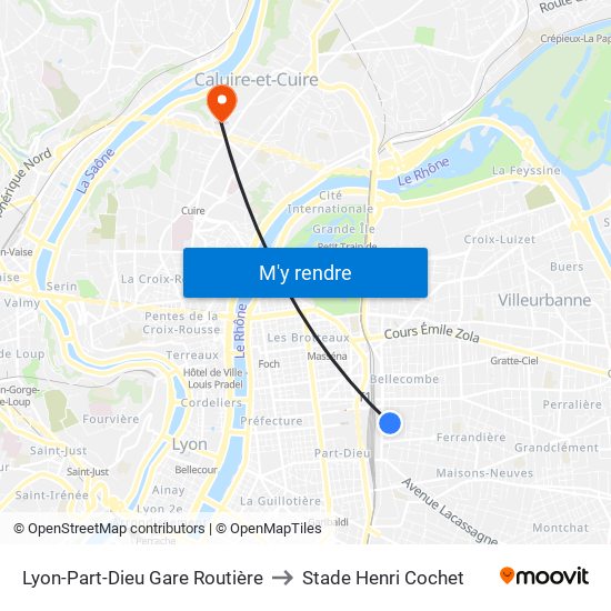 Lyon-Part-Dieu Gare Routière to Stade Henri Cochet map