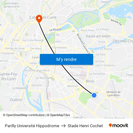 Parilly Université Hippodrome to Stade Henri Cochet map