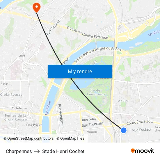 Charpennes Charles Hernu to Stade Henri Cochet map