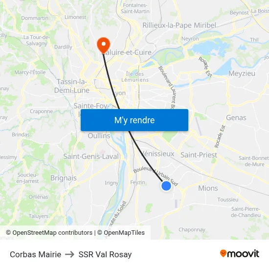 Corbas Mairie to SSR Val Rosay map