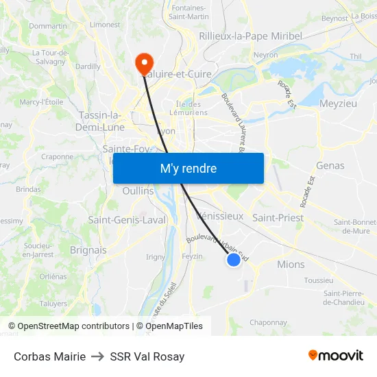 Corbas Mairie to SSR Val Rosay map