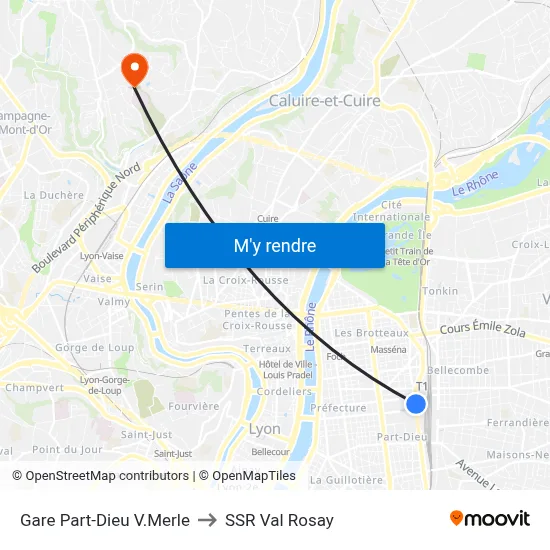 Gare Part-Dieu V.Merle to SSR Val Rosay map