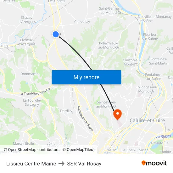 Lissieu Centre Mairie to SSR Val Rosay map