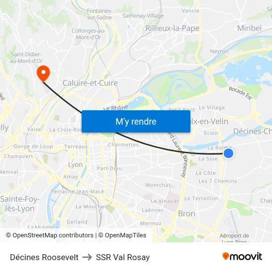 Décines Roosevelt to SSR Val Rosay map