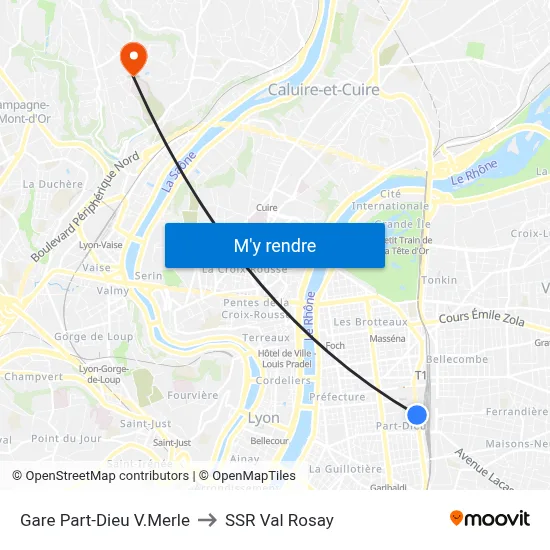 Gare Part-Dieu V.Merle to SSR Val Rosay map