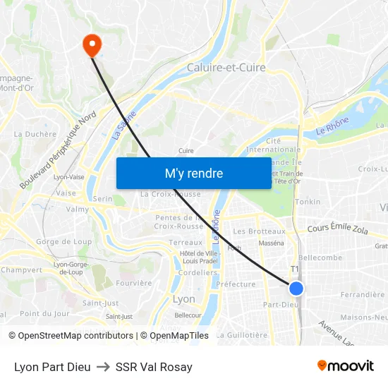 Lyon Part Dieu to SSR Val Rosay map