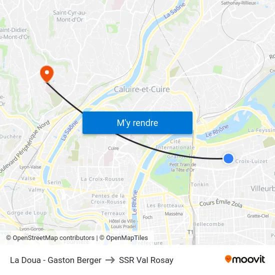 La Doua - Gaston Berger to SSR Val Rosay map