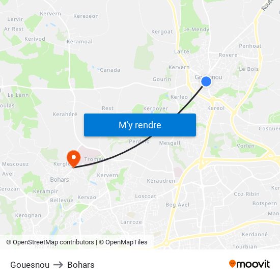 Gouesnou to Bohars map