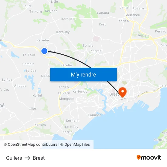 Guilers to Brest map