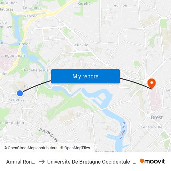Amiral Ronarc'H to Université De Bretagne Occidentale - Pôle Santé map
