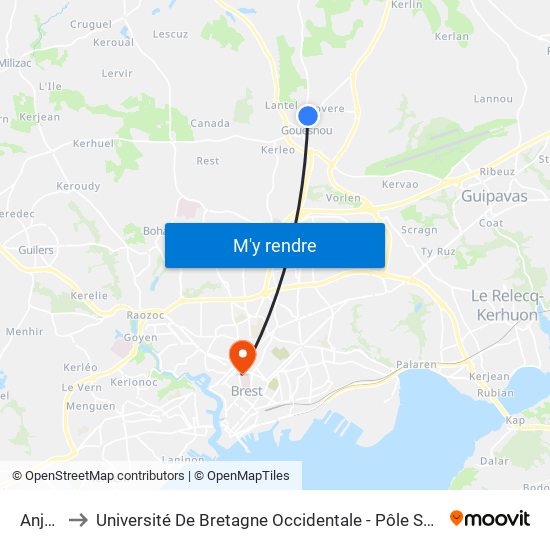 Anjou to Université De Bretagne Occidentale - Pôle Santé map