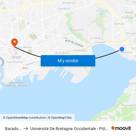 Baradozic to Université De Bretagne Occidentale - Pôle Santé map