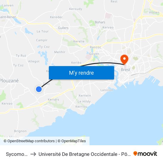 Sycomores to Université De Bretagne Occidentale - Pôle Santé map