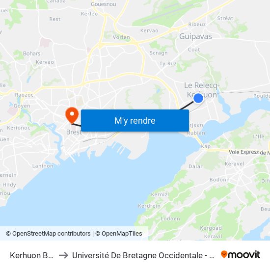 Kerhuon Bourg to Université De Bretagne Occidentale - Pôle Santé map