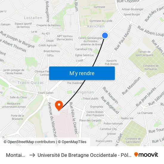 Montaigne to Université De Bretagne Occidentale - Pôle Santé map