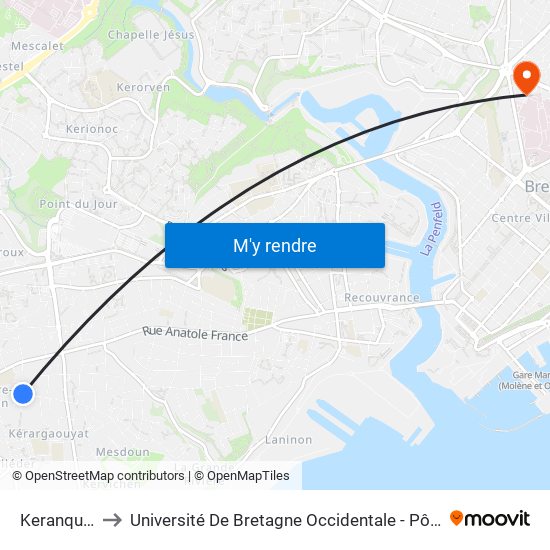 Keranquéré to Université De Bretagne Occidentale - Pôle Santé map