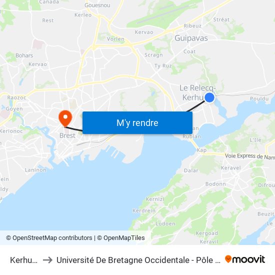 Kerhuon to Université De Bretagne Occidentale - Pôle Santé map