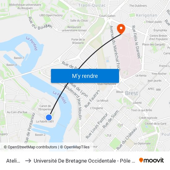 Ateliers to Université De Bretagne Occidentale - Pôle Santé map