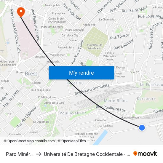 Parc Minéralier to Université De Bretagne Occidentale - Pôle Santé map