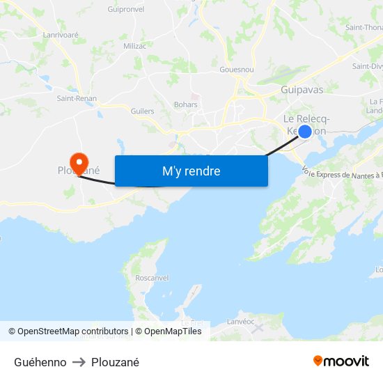 Guéhenno to Plouzané map