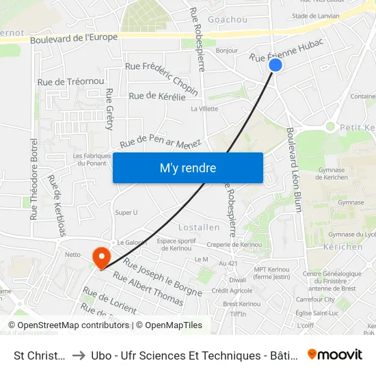 St Christophe to Ubo - Ufr Sciences Et Techniques - Bâtiment Langevin map