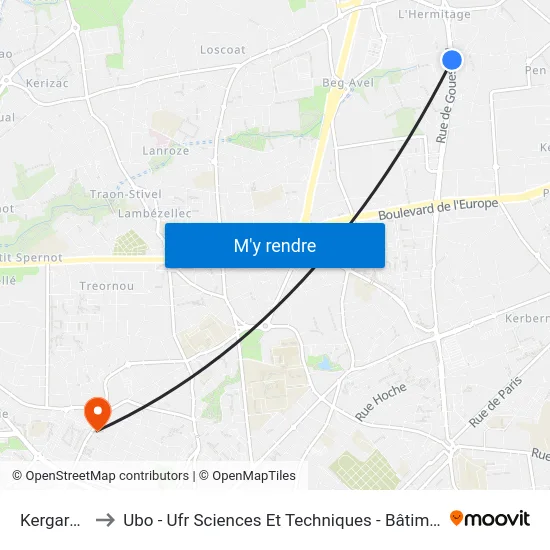 Kergaradec to Ubo - Ufr Sciences Et Techniques - Bâtiment Langevin map