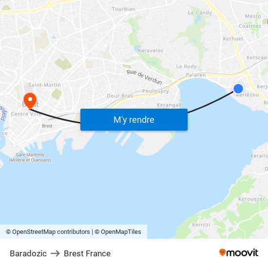 Baradozic to Brest France map