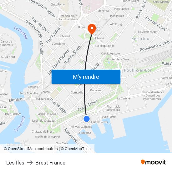 Les Îles to Brest France map