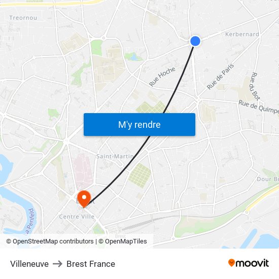 Villeneuve to Brest France map