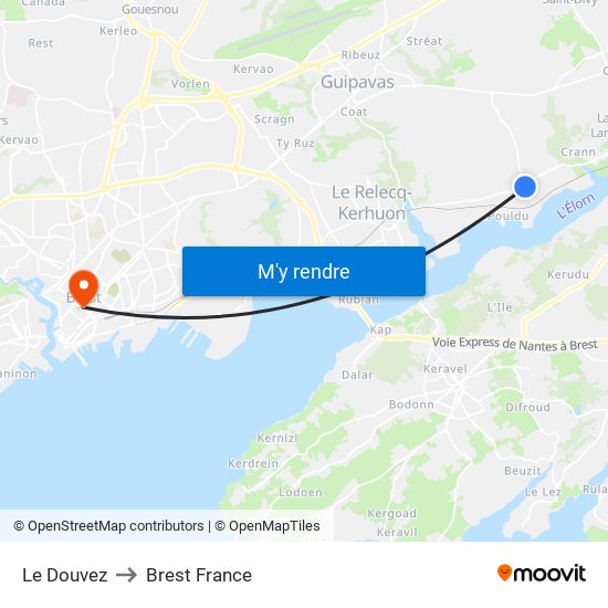 Le Douvez to Brest France map