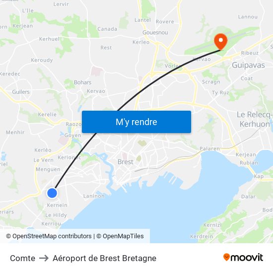 Comte to Aéroport de Brest Bretagne map