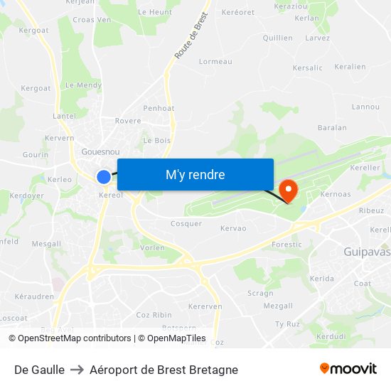 De Gaulle to Aéroport de Brest Bretagne map